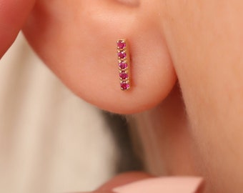 14K Solid Gold Ruby Stud Earring / Ruby Bar Shaped Earrings / Ruby Geometric Earring / Minimal Tiny Ruby Earring / Gift for Her