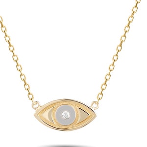 14K Gold Evil Eye Halskette mit Diamant / Zierliche Gold Diamant Halskette / Gold Minimal Whammy Halskette Für Frauen / Geschenk Für Sie / Geburtstagsgeschenke
