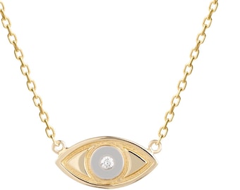 14K Gold Evil Eye Necklace: Dainty Diamond Whammy Pendant
