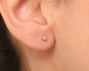 14K Gold Pave Diamond Stud Earrings: Dainty Minimalist Design