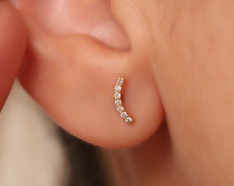 14K Gold Diamond Moon Stud Earrings: Dainty Celestial Jewelry
