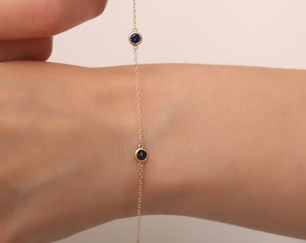 14K Gold Sapphire Bracelet / Dainty Sleek Bracelet For Woman / Gold  Sapphire Station Bracelet / Gift For Her / Valentines Day Gift