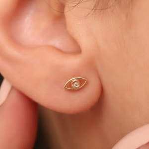 14K Gold Eye Earrings/ Diamond Dainty Stud Earrings/ 14K Gold Diamond Evil Eye Earrings For Women/ Gift For Her/ Mothers Day Gift