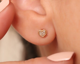 14K Gold Diamond Heart Stud Earrings: Dainty Minimalist Design
