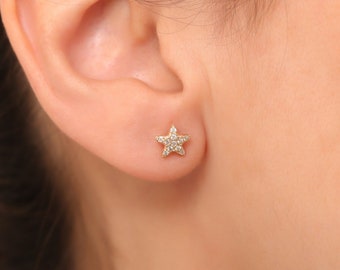 Dainty 14K Gold Diamond Star Earrings: Solid Gold Studs