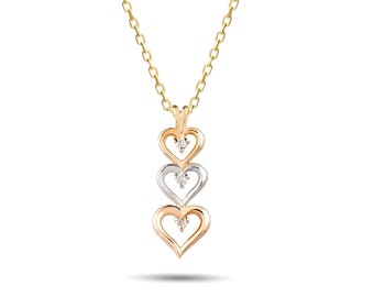 14K Gold Three Hearts Necklace: Dainty Diamond Pendant