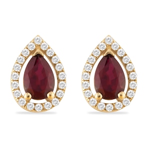 14K Gold Diamond And Ruby Earrings / Drop Ruby Earrings / Diamond Oval Ruby Stud / Pave Diamond And Ruby Stone Earrings / Gift for Her