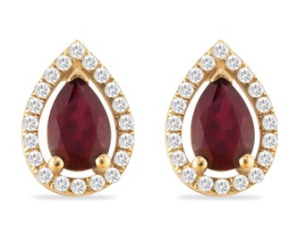 14K Gold Ruby Earrings: Oval Drop, Pavé Diamond Studs