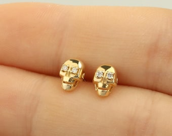 14K Gold Diamond Skull Studs: Dainty Handmade Earrings