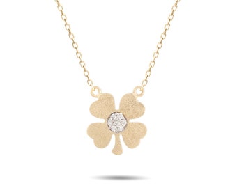 14K Solid Gold Diamond Clover Necklace - Lucky Four Leaf Pendant