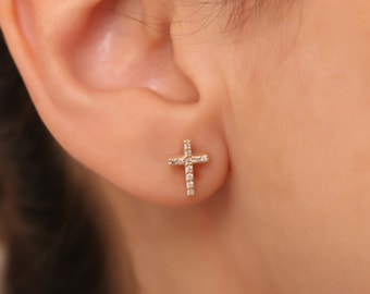 14K Solid Gold Diamond Cross Stud Earrings: Minimalist Religious Jewelry