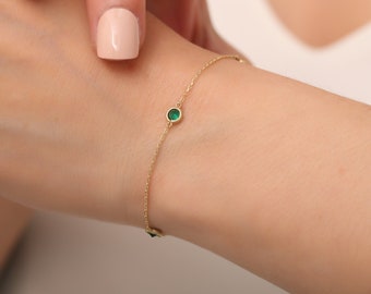 14K Gold Emerald Bracelet – Sleek Minimalist Gold Bracelet for Women / Elegant Emerald Station Bracelet / Gift for Her / Birthday Gifts