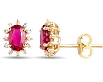 14K Gold Ruby Stud Earrings: Oval Cut Diamond Halo