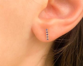 14K Gold Sapphire Bar Earrings: Dainty Minimalist Studs