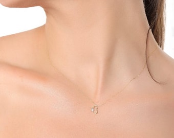 14K Gold Heart Necklace with Diamond Crown - Dainty Solid Gold