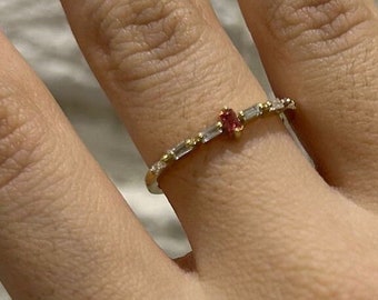 14K Gold Baguette Ring: Pink Sapphire & Diamond Minimalist Ring