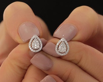 14K Gold Full Diamond Earrings – Dainty Gold Stud Earrings/ Pave Diamond Gold Teardrop Earrings/ Anniversary Gift for Her/ Birthday Gifts