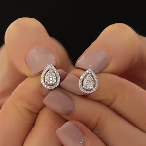 14K Gold Full Diamond Earrings – Dainty Gold Stud Earrings/ Pave Diamond Gold Teardrop Earrings/ Anniversary Gift for Her/ Birthday Gifts