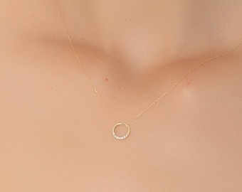 14K Gold Diamond Circle Necklace: Dainty Karma Pendant
