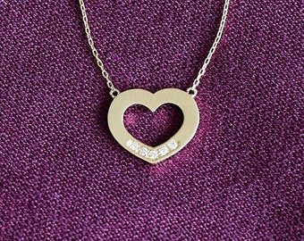 14K Gold Heart Necklace/ Diamond Heart Necklace/ Gold Valentine's Day gift For Woman/ Diamond Anniversary Gift