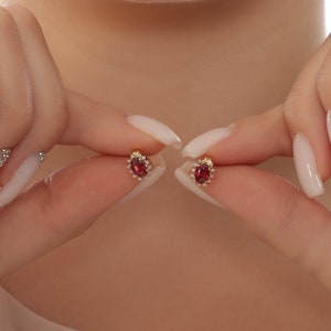 14K Solid Gold Ruby Stud Earrings | Diamond Earrings for Women | Minimal Ruby Stud Earring | 14K Oval Ruby Stud Earring | Gift For Her