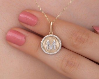 14K Gold Diamond Initial Necklace: Personalized Medallion Pendant