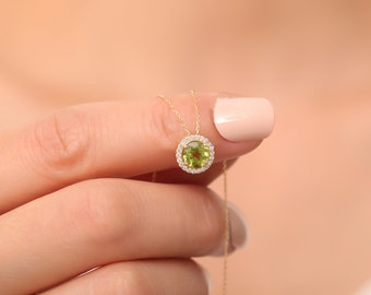 14K Gold Birthstone Necklace - Halo Gemstone Pendant with Diamonds/ Personalized Gold Necklace/ Birthday Gifts for Women/ Gift For Her