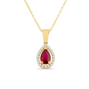 May include: A gold necklace featuring a pear-shaped ruby pendant with a halo of smaller diamonds.