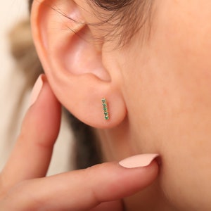 14K Gold Emerald Bar Earrings: Dainty Minimalist Studs