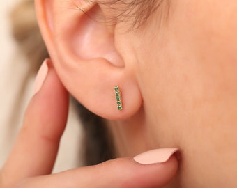 14K Gold Emerald Bar Earrings: Dainty Minimalist Studs