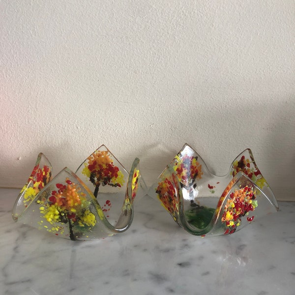 2 Fused Glass Tea-light Holders, Autumn Colours.