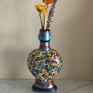Small Heart Shape Bottle Vase , Red and Blue Abstract Bud Vase
