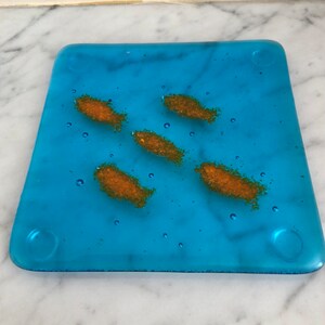 2 Blue Coasters, Fused Glass Coaster , Gold Fish Coaster , Fused Glass , 10cm x 10cm