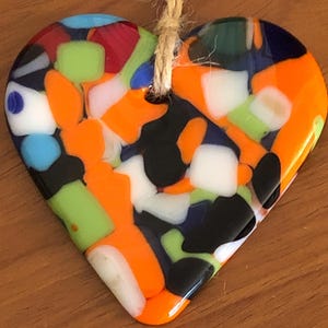 Fused Glass Hanging Heart , Abstract Colourful Glass Heart