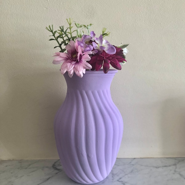 Lavender Hand Painted Vase ,Painted  Ribbed Glass Vase, Textured Painted Lavender Vase.