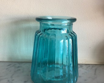 Turquoise Blue Ribbed Glass Vase: Small 12cm Length Tinted Vase