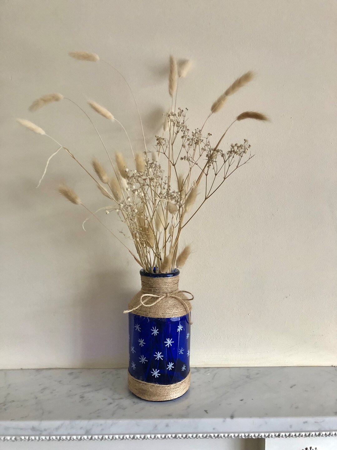Blue Hand Painted Starry Bottle Vase With Rope Trim & LED Lights - Etsy