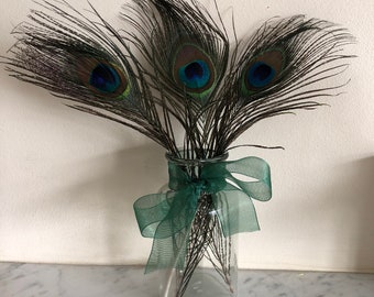 Glass Small Vase, With Peacock Feathers