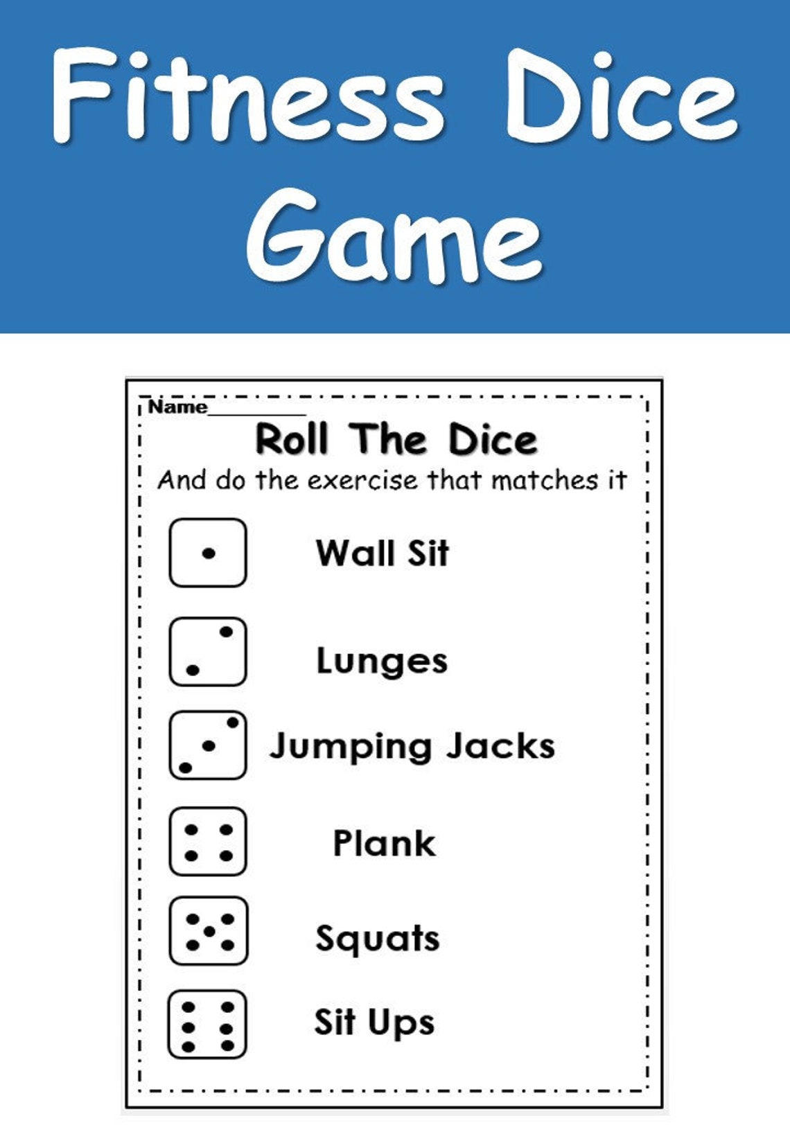Roll the Dice Exercise Fitness Game Physical Education PE Brain Break