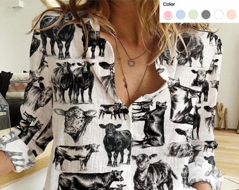 Black Angus Cattle icon pattern Women's Mock Linen Shirts for farmers