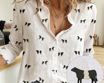 Belted Galloway Cattle pattern Women's Mock Linen Shirts for farmers