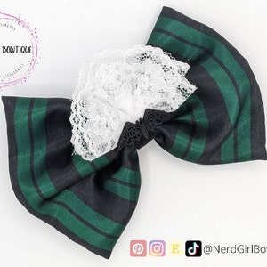 Haunted Mansion Maid inspired Hair Bow for Disney Bounding, Cosplay, Dapper Day made with black and green striped satin, bat button, & Lace