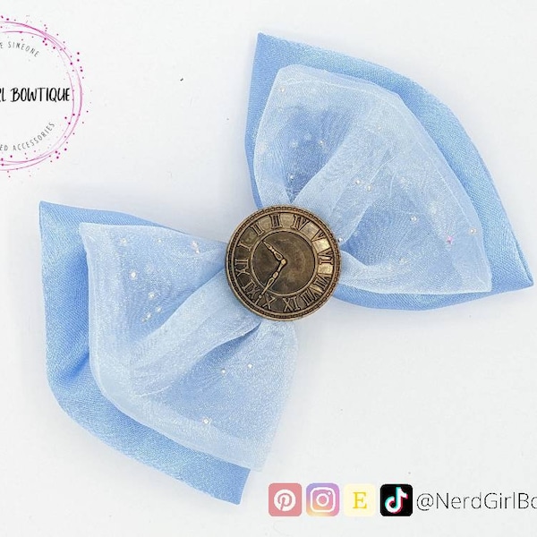 Cinderella inspired Hair bow for Disney bounding, Dapper Day, cosplay with blue satin and glitter fabric with ribbon & clock button accent