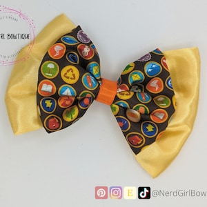 Russel inspired Hair bow for Disney Bounding, Cosplay, Dapper Day- UP Wilderness Explorer inspired and yellow satin bows with ribbon accent