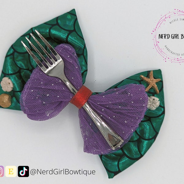 Ariel inspired Hair bow for Little Mermaid Disney Bounding, cosplay, made from metallic and glitter tulle fabric, buttons, fork & ribbon