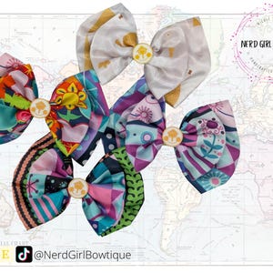 Small World inspired Hair Bow for Attraction Disney Bounding, Cosplay, Dapper Day made from scatter print satin with clock charm