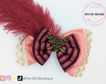 Pirates of the Caribbean inspired Hair bow for Disney Bounding, Cosplay, Dapper Day - Redd the Pirate satin bows with lace, feather accents