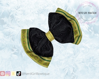 Anna inspired Hair Bow for Frozen Disney Bounding, Cosplay, Dapper Day made w/ Coronation Day print satin, velvet, and ribbon accent.