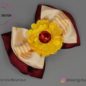 Dolores Madrigal inspired Hair bow for Encanto Disney Bounding, Cosplay made from red and sound print yellow satin, flower, & rhinestone