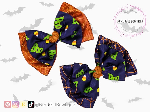 Mickey's Not Scary Party inspired Bow for Boo Bash Disney Bounding, Cosplay made with Boo print & orange satin, glitter pumpkin button